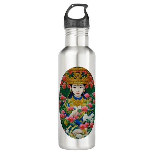 Vintage Style Abstract Asian Girl with Flowers Stainless Steel Water Bottle