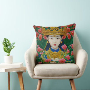 Vintage Style Abstract Asian Girl with Flowers Throw Pillow