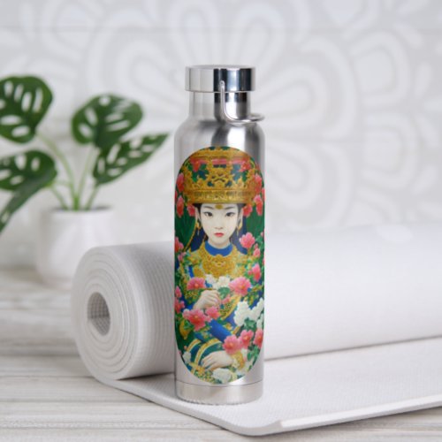 Vintage Style Abstract Asian Girl with Flowers Water Bottle