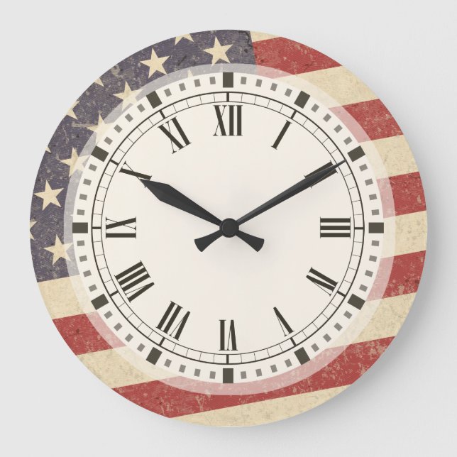 Vintage Style American Flag Grunge Look Large Clock (Front)