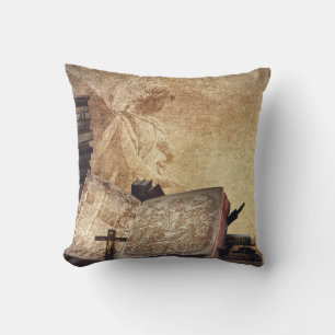 Vintage Style Angel with Open Book and Crucifix Throw Pillow