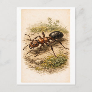 Vintage-Style Ant Illustration Postcard