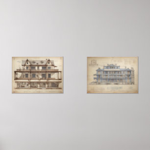 Vintage style architectural drawings ephemera wall art sets