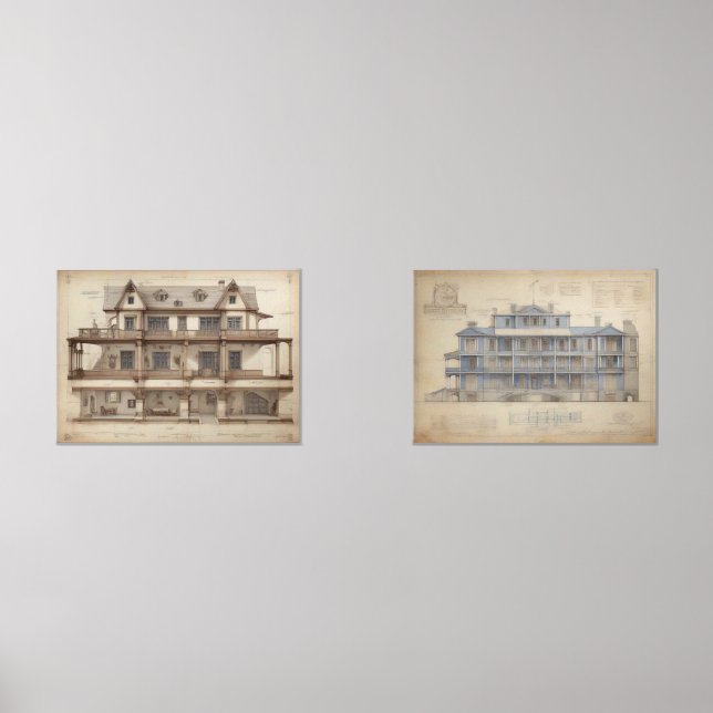 Vintage style architectural drawings ephemera wall art sets (Front)
