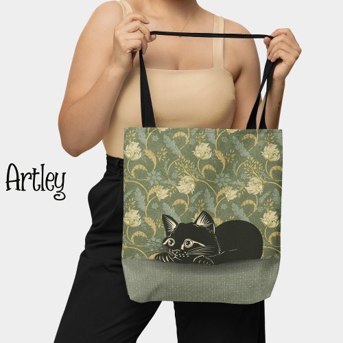 Vintage Style Art Nouveau Resting Black Cat Floral Tote Bag