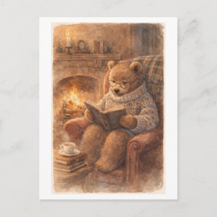 Vintage-Style Bear Reading by the Fireside Postcard