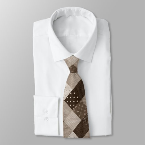 vintage style beige and brown patchwork neck tie
