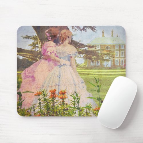 Vintage Style Best Friends Walking in Garden Mouse Pad