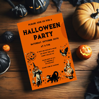 Vintage Style Black and Orange Halloween Party Invitation