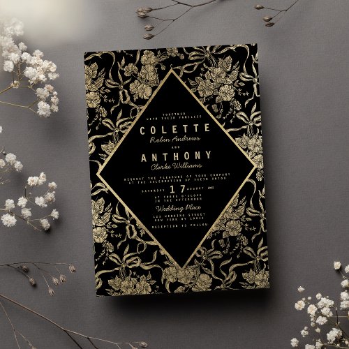 Vintage style black gold bow floral wedding invitation