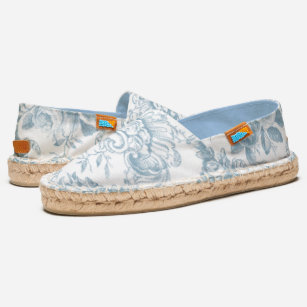 Vintage Style Blue and White Engraved Floral Espadrilles