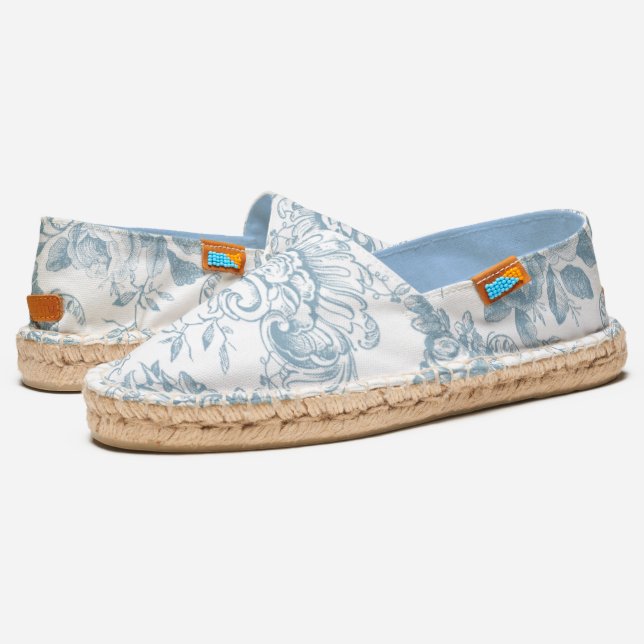 Vintage Style Blue and White Engraved Floral Espadrilles (Angled)