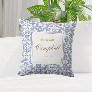 Vintage-style Blue and White Pattern Anniversary Throw Pillow