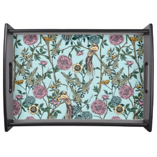 Vintage-style blue color botanical pattern serving tray