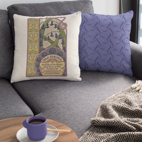 Vintage Style Bluebell Art with Blue Pattern Back Throw Pillow
