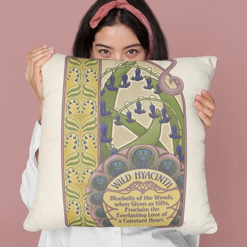 Vintage Style Bluebell Art with Green Pattern Back Throw Pillow