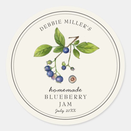 Vintage style Blueberry Jam jar on Off white Classic Round Sticker