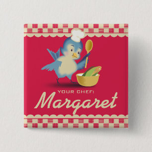 Vintage style bluebird chef cooking name badge pinback button