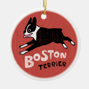 Vintage Style Boston Terrier Dog Christmas Holiday Ceramic Ornament