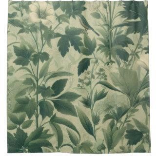 Vintage Style Botanical Print Green Leaves Shower Curtain