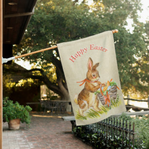 Vintage Style Bunny Rabbit With Easter Basket House Flag