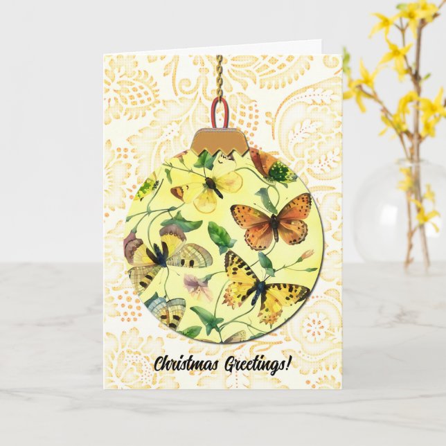 Vintage Style Butterfly Christmas Ornament Art Card (Yellow Flower)