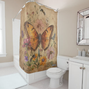 vintage style butterfly wildflowers with bee shower curtain