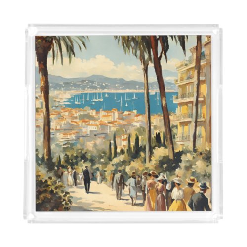 Vintage Style Cannes French Travel Watercolor Acrylic Tray