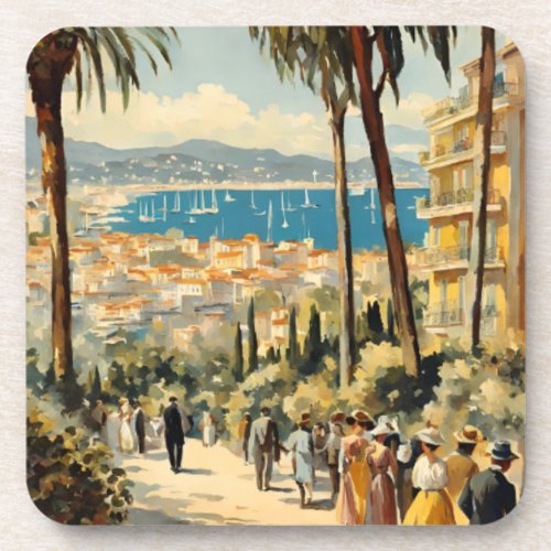 Vintage Style Cannes French Travel Watercolor Beverage Coaster