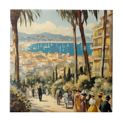 Vintage Style Cannes French Travel Watercolor Ceramic Tile