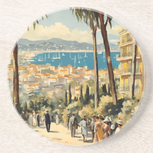 Vintage Style Cannes French Travel Watercolor Coaster