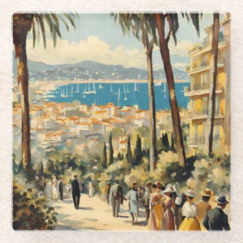 Vintage Style Cannes French Travel Watercolor Glass Coaster