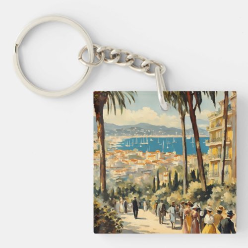 Vintage Style Cannes French Travel Watercolor Keychain