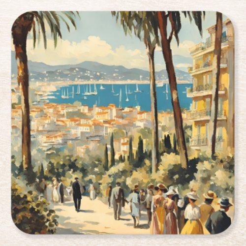 Vintage Style Cannes French Travel Watercolor Square Paper Coaster