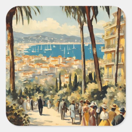 Vintage Style Cannes French Travel Watercolor Square Sticker