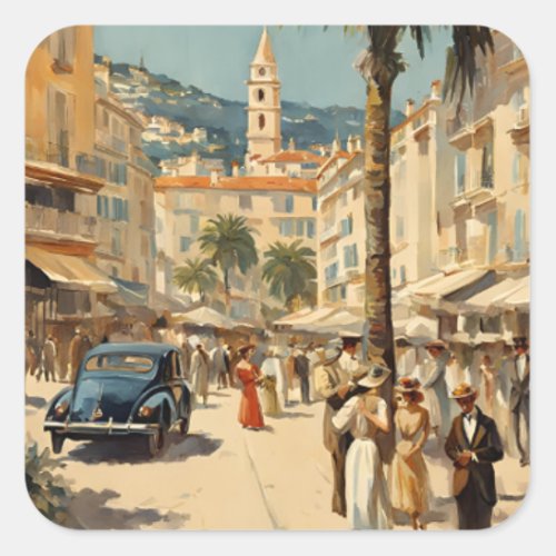 Vintage Style Cannes French Travel Watercolor Square Sticker