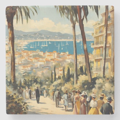 Vintage Style Cannes French Travel Watercolor Stone Coaster