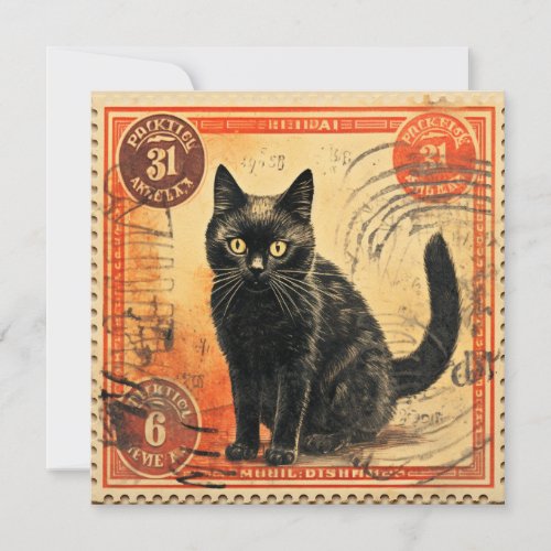 Vintage Style Cat Postage Stamp Flat Greeting Card