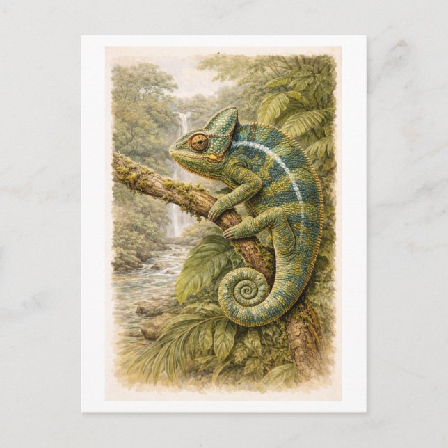Vintage-Style Chameleon Illustration Postcard (Front)