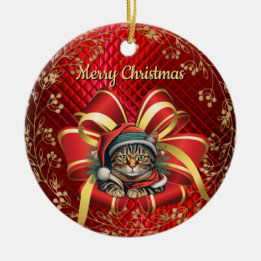 Vintage Style Christmas Cat Ceramic Ornament