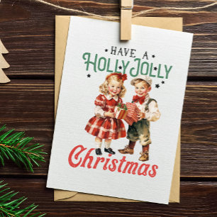 Vintage Style Christmas Children Holly Jolly Holiday Card