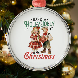Vintage Style Christmas Children Holly Jolly Metal Ornament