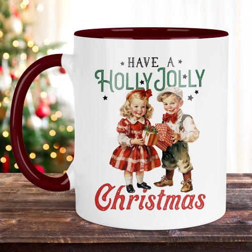 Vintage Style Christmas Children Holly Jolly Mug