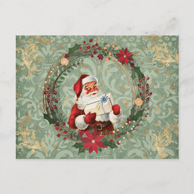 Vintage Style Christmas Santa and Wreath Postcard (Front)