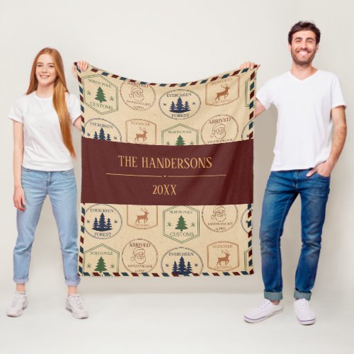 Vintage Style Christmas Stamp Fleece Blanket