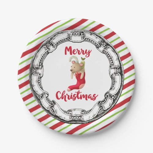 Vintage Style Christmas Teddy Bear On Stripes Paper Plates