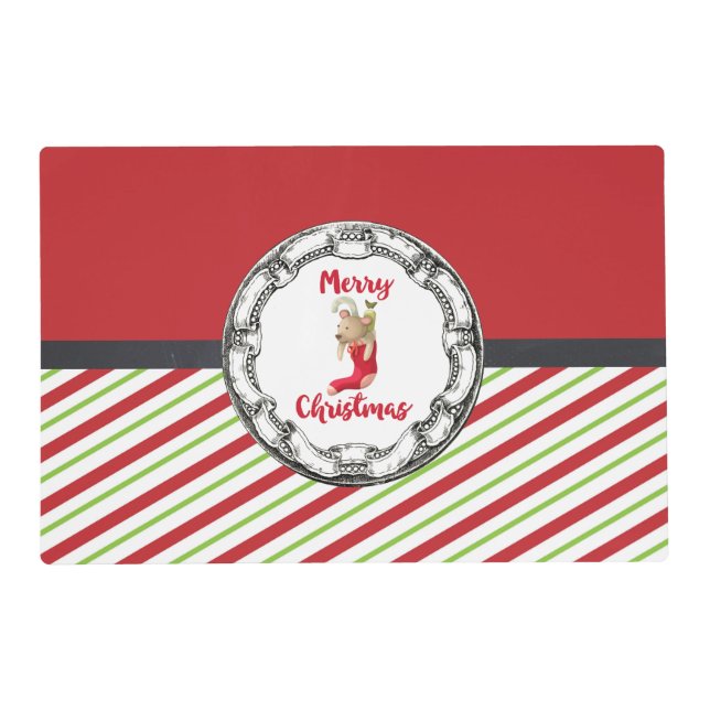 Vintage Style Christmas Teddy Bear On Stripes Placemat (Front)