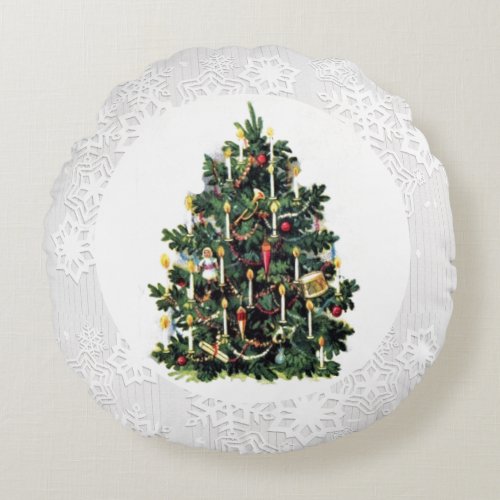 Vintage Style Christmas Tree Holiday  Round Pillow