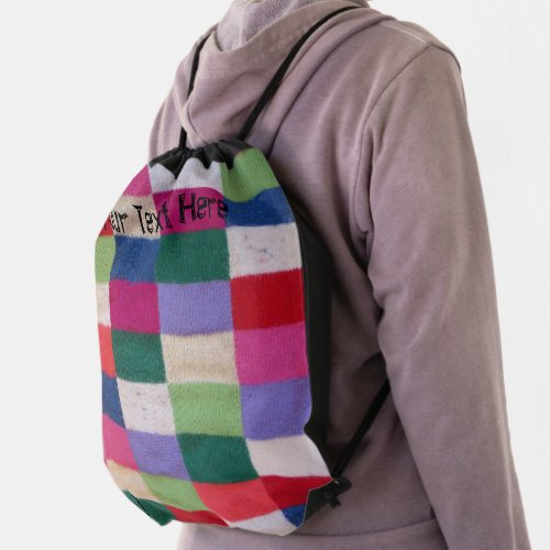 vintage style colorful knitted patchwork squares drawstring bag