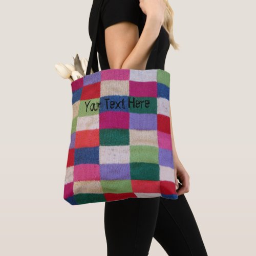vintage style colorful knitted patchwork squares tote bag